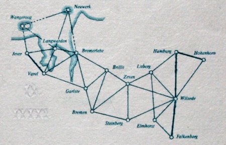 Aus aneinandergereihten Dreiecken gebildetes Vermessungsnetz von Gauß (Detail des 10-DM-Scheins)
