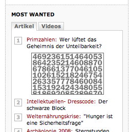Spiegel Online Screenshot: Primzahlen meistgelesen
