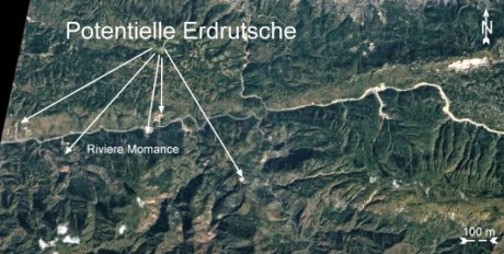 Die Landschaft um den Riviere Momance mit potentiellen, durch das Erdbeben ausgelösten Erdrutschen. Das Epizentrum des Bebens lag ungefähr in der Mitte des Kartenausschnitts.